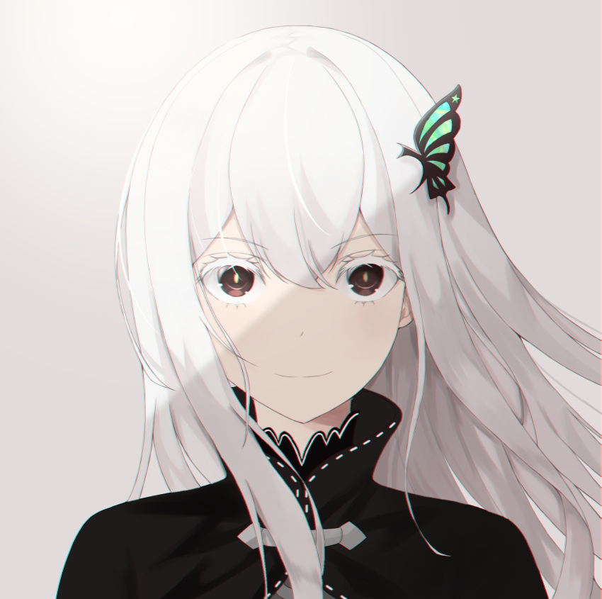 bangs black_dress brown_eyes butterfly_hair_ornament closed_mouth collar dress echidna_(re:zero) eyebrows_visible_through_hair eyelashes grey_background hair_between_eyes hair_ornament highres long_hair looking_at_viewer re:zero_kara_hajimeru_isekai_seikatsu shaded_face smile tti_tti upper_body white_hair