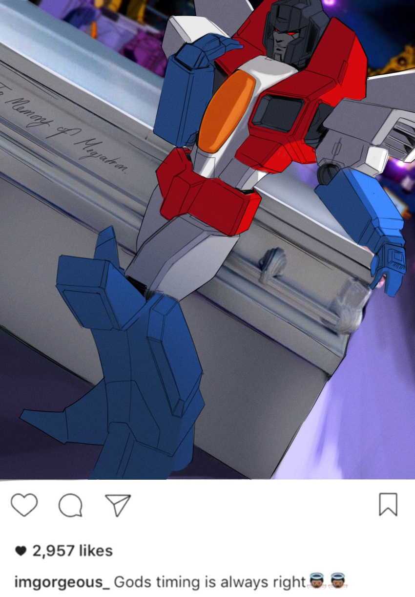 1boy coffin decepticon english_text fake_screenshot hand_on_own_chest highres instagram leaning_back looking_down mecha nem_(virtual_nemesis) no_humans photo-referenced red_eyes smirk solo starscream transformers