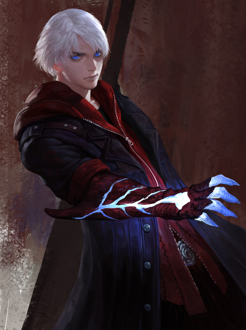 1boy belt_buckle black_shirt blue_coat blue_eyes buckle closed_mouth coat collarbone devil_may_cry devil_may_cry_4 diaodiao glowing highres hood hood_down male_focus nero_(devil_may_cry) open_clothes open_coat shirt sleeves_rolled_up solo sword weapon weapon_on_back white_hair zipper zipper_pull_tab