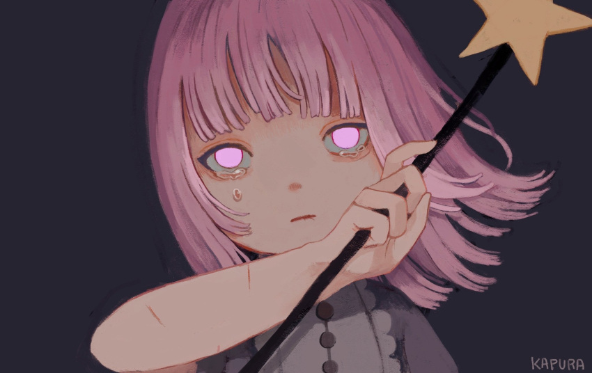 1girl bangs black_background cuts expressionless highres injury kapura looking_at_viewer original pink_eyes pink_hair signature simple_background solo star_(symbol) tears upper_body wand