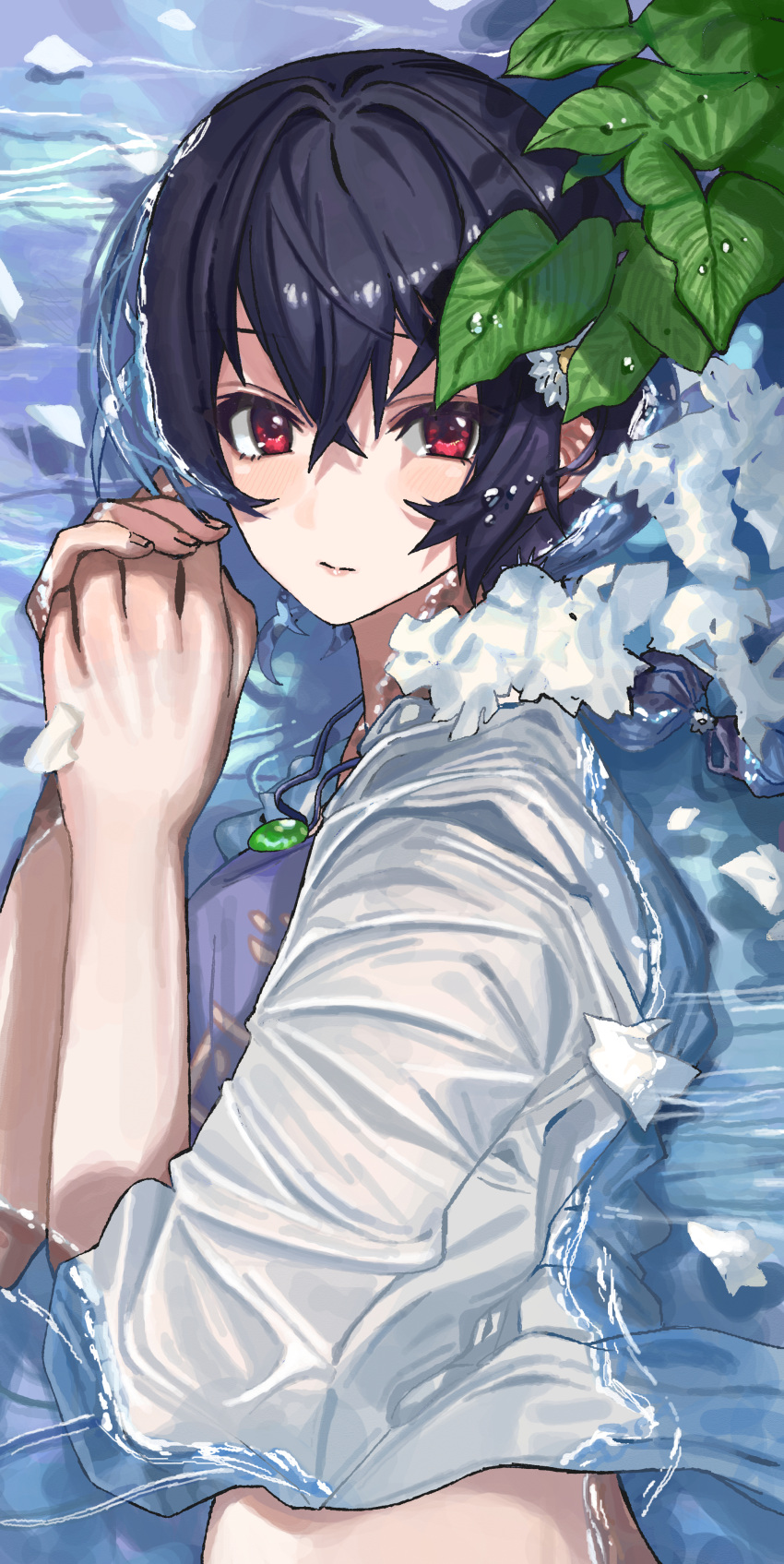 1girl absurdres bikini black_hair commentary_request flower gem hair_flower hair_ornament highres idolmaster idolmaster_shiny_colors leaf looking_at_viewer morino_rinze petals petals_on_liquid pol_winner red_eyes summer swimsuit water wet wet_clothes