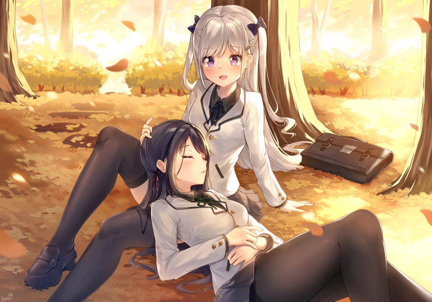 2girls :d black_bow black_footwear black_hair black_legwear black_ribbon black_shirt black_skirt blazer blush bow breasts closed_eyes collared_shirt commentary_request dango_remi green_ribbon hair_bow hair_ribbon hand_on_another's_head highres jacket knee_up lap_pillow loafers long_hair long_sleeves lying medium_breasts multiple_girls neck_ribbon on_back open_mouth original outdoors pantyhose parted_lips petals pleated_skirt red_ribbon ribbon school_briefcase school_uniform shirt shoes silver_hair sitting skirt small_breasts smile sunset thigh-highs two_side_up very_long_hair violet_eyes white_jacket