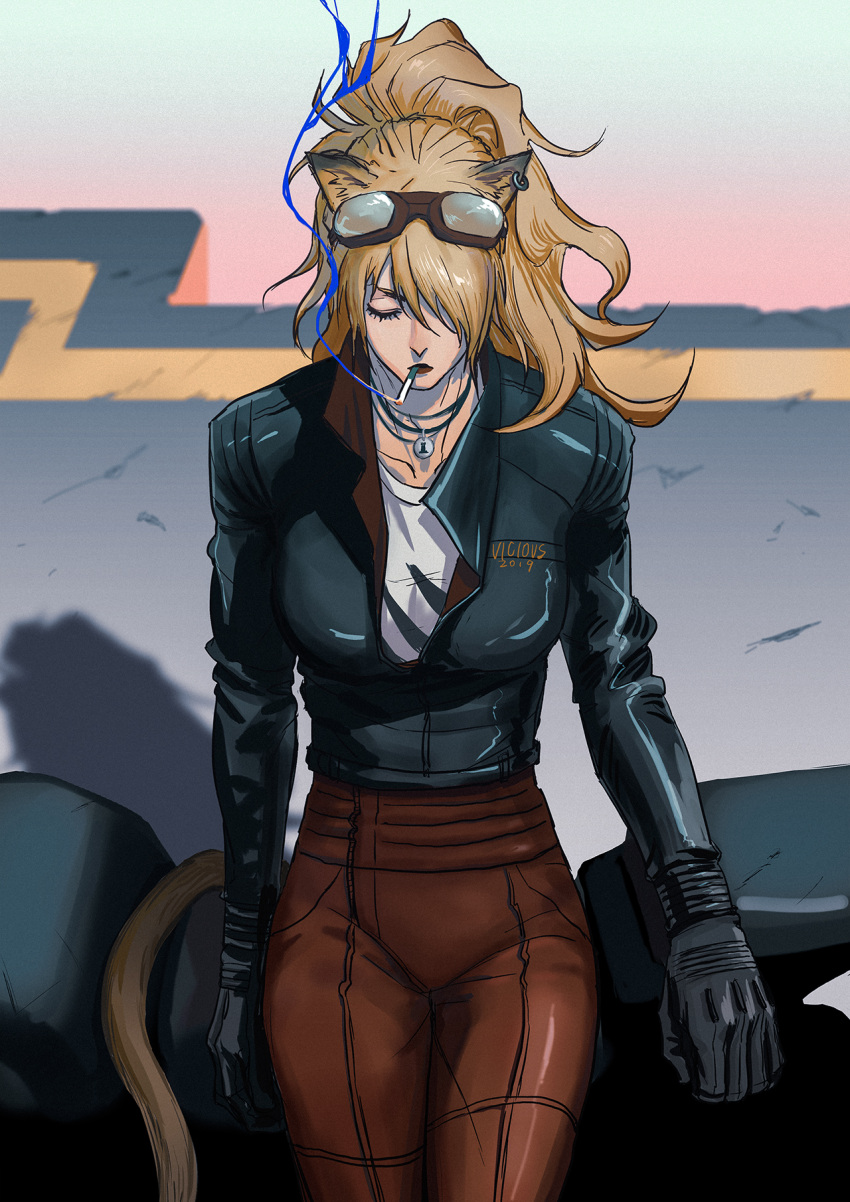 1girl animal_ears arknights artist_name bangs black_gloves black_jacket blonde_hair breasts brown_pants cigarette closed_eyes cowboy_shot dated day ear_piercing facing_viewer gloves goggles goggles_on_head ground_vehicle highres jacket jewelry lion_ears long_hair long_sleeves motor_vehicle motorcycle mouth_hold necklace outdoors pants piercing siege_(arknights) smoking solo standing vicious-xuan