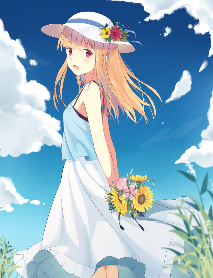 1girl :d arms_behind_back bangs bare_arms blonde_hair blue_dress blue_sky blurry bouquet commentary day depth_of_field dress eyebrows_visible_through_hair flower grass hair_blowing hair_ornament hairclip hat hat_flower hat_ribbon highres holding holding_bouquet layered_dress looking_at_viewer mio_kure open_mouth orange_hair original outdoors red_eyes ribbon sky smile solo standing sun_hat sundress sunflower twintails white_dress