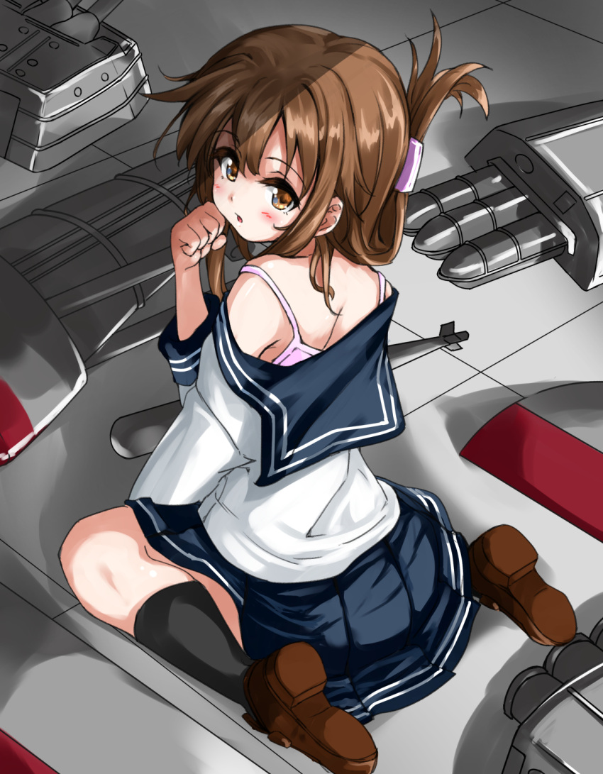 1girl black_legwear black_sailor_collar brown_eyes brown_footwear brown_hair camisole commentary_request folded_ponytail from_behind highres inazuma_(kantai_collection) kantai_collection kneehighs knolling loafers long_hair long_sleeves looking_at_viewer machinery nukoyarou sailor_collar school_uniform serafuku shirt shoes sitting solo tile_floor tiles wariza white_shirt