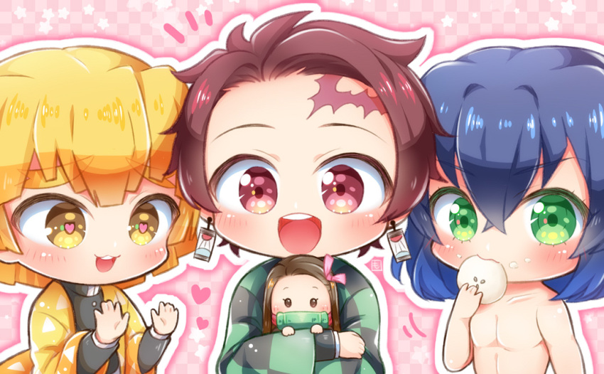 1girl 3boys :d agatsuma_zenitsu bamboo bangs baozi bit_gag black_jacket blonde_hair blue_hair blush brother_and_sister brown_eyes brown_hair checkered checkered_background chibi commentary_request earrings eating eyebrows_visible_through_hair food food_on_face forehead gag green_eyes hair_between_eyes hair_ribbon hashibira_inosuke heart heart-shaped_pupils holding holding_food jacket jewelry kamado_nezuko kamado_tanjirou kimetsu_no_yaiba long_hair long_sleeves looking_at_viewer minigirl mouth_hold multiple_boys notice_lines nude open_clothes open_mouth outline pink_background pink_ribbon ribbon scar scar_on_face scar_on_forehead siblings smile starry_background symbol-shaped_pupils upper_body upper_teeth white_outline wide_sleeves yomogi_(becr)