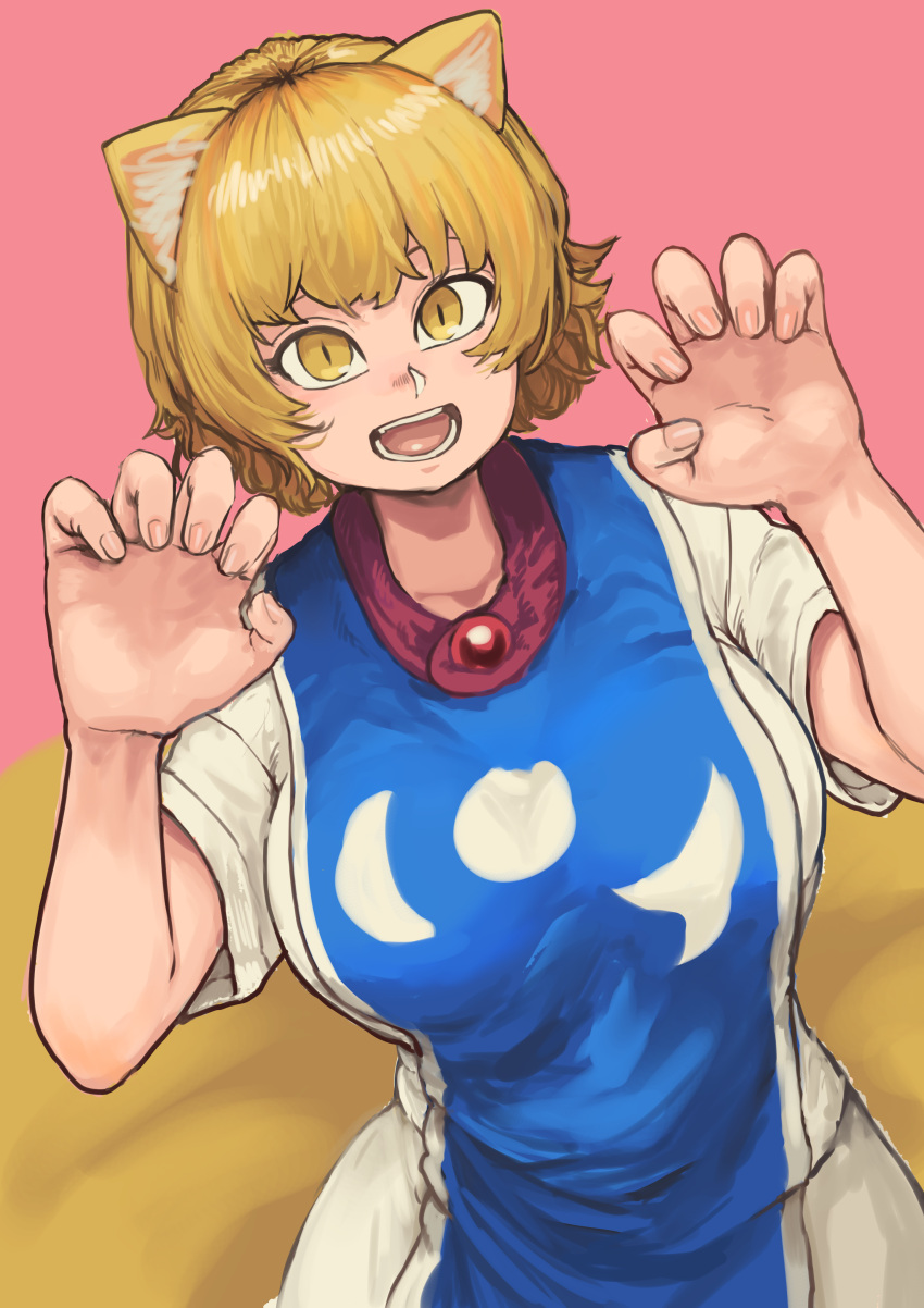 1girl absurdres animal_ears blonde_hair breasts chanta_(ayatakaoisii) claw_pose dress fox_ears fox_tail highres leaning_to_the_side looking_at_viewer multiple_tails open_mouth pink_background short_hair short_sleeves simple_background slit_pupils solo tail teeth tongue touhou upper_body yakumo_ran yellow_eyes