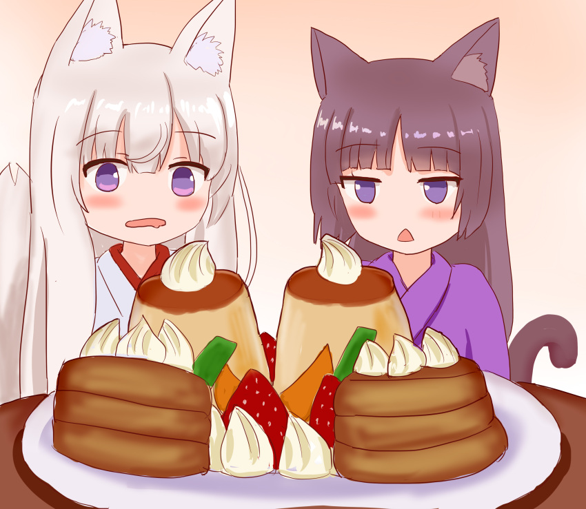 2girls :&lt; absurdres animal_ear_fluff animal_ears bangs black_hair blush cat_ears cat_girl cat_tail commentary_request drooling eyebrows_visible_through_hair food fox_ears fox_girl fox_tail fruit hair_between_eyes highres iroha_(iroha_matsurika) japanese_clothes kimono long_hair mouth_drool multiple_girls open_mouth original pancake plate pudding purple_kimono silver_hair stack_of_pancakes strawberry tail tail_raised triangle_mouth violet_eyes whipped_cream white_kimono