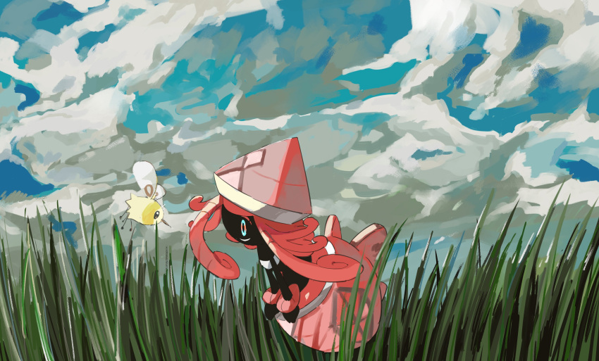 apios1 blue_eyes clouds cloudy_sky cutiefly day floating gen_7_pokemon grass highres legendary_pokemon looking_at_another no_humans outdoors pink_hair pokemon pokemon_(creature) profile sky tapu_lele wings