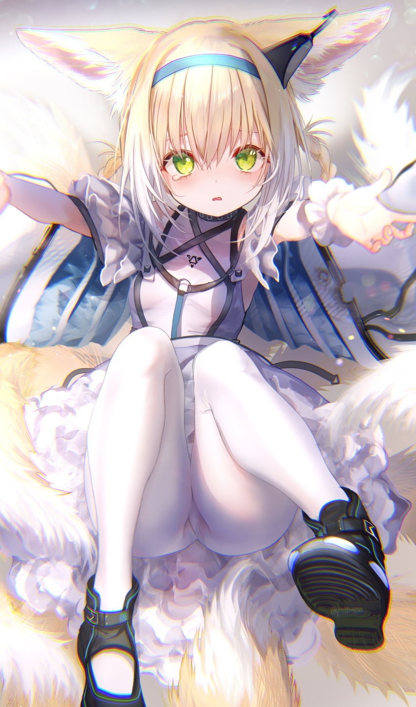 1girl absurdres animal_ear_fluff animal_ears arknights armband arms_up ass ass_visible_through_thighs bangs bare_shoulders black_footwear blonde_hair blue_bow blush bow braid breasts detached_sleeves dress fluffy foot_up fox_ears fox_girl fox_tail frilled_armband frilled_dress frills frown green_eyes hair_bow head_tilt headgear highres hug infection_monitor_(arknights) knees_up long_dress long_hair looking_at_viewer multiple_tails pantyhose parted_lips pottsness shoes sidelocks small_breasts strap suzuran_(arknights) tail tearing_up tears thighs twin_braids twintails white_dress white_legwear