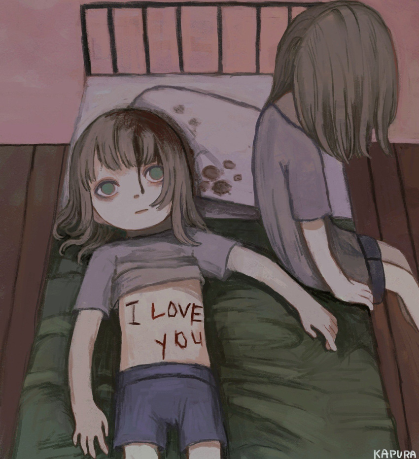 2girls bed black_shorts brown_hair cuts english_text expressionless green_eyes highres injury kapura long_hair looking_at_viewer multiple_girls original pillow purple_shirt shirt shorts signature sitting