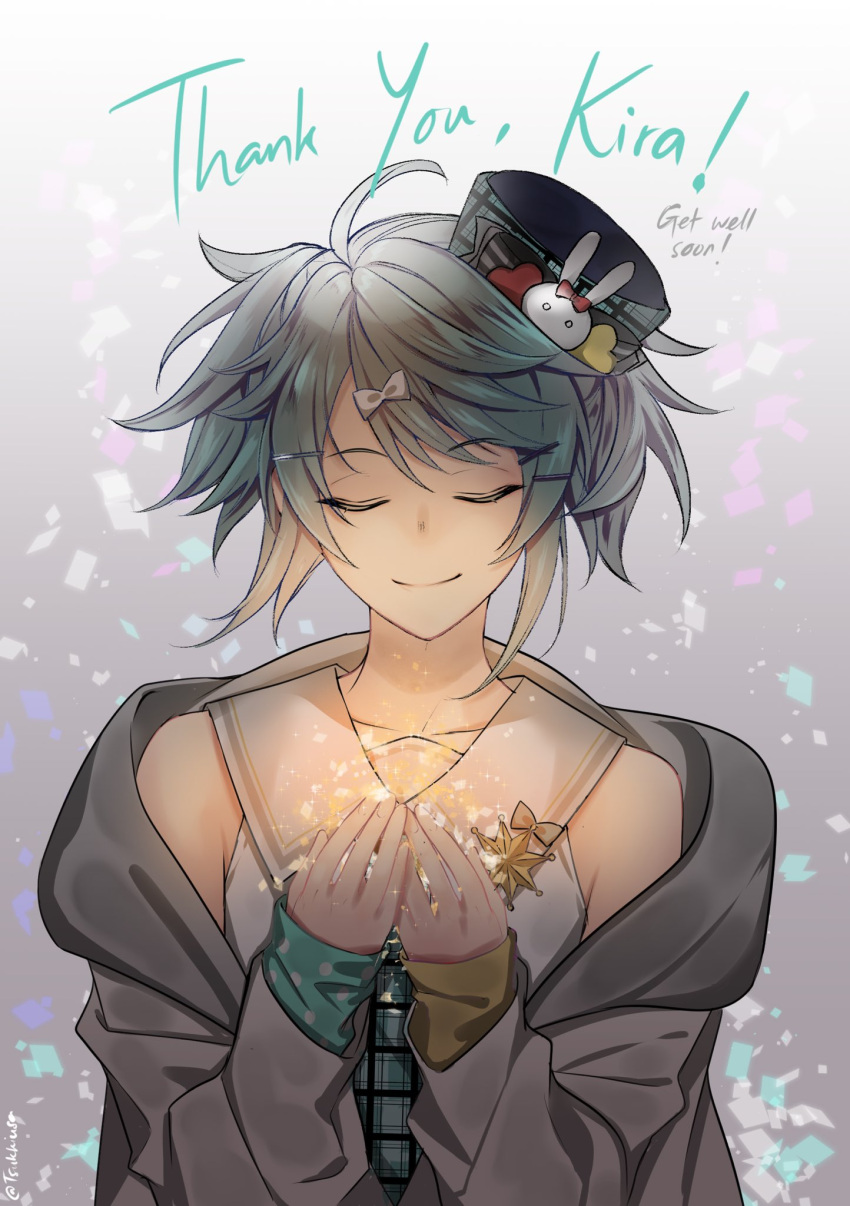 1boy ahoge bare_shoulders closed_eyes closed_mouth collarbone commentary_request crop_top english_text facing_viewer green_hair hair_ornament hairclip hat hat_pin highres holostars jacket kagami_kira long_sleeves male_focus necktie otoko_no_ko smile solo thank_you tsukky upper_body virtual_youtuber