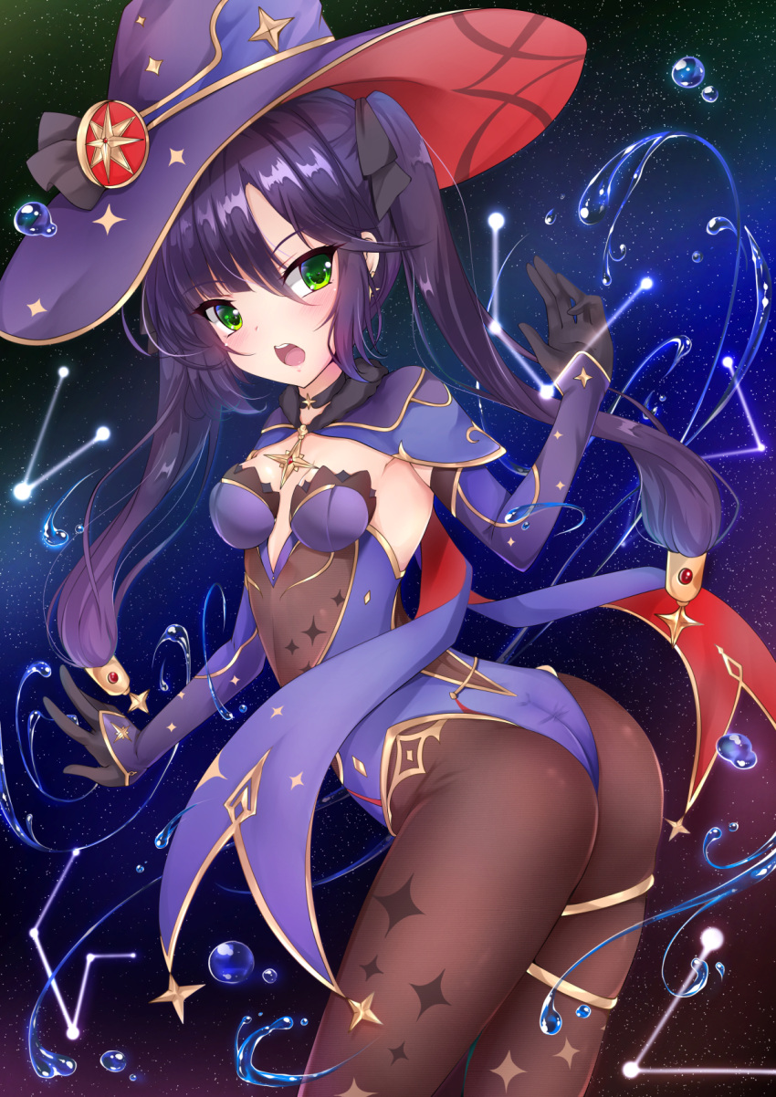1girl blush breasts cape choker fur_trim genshin_impact gloves green_eyes hair_ribbon half-closed_eyes hat highleg highleg_leotard highres kakukaku_(atelier_wings) leotard mona_(genshin_impact) open_mouth purple_hair ribbon small_breasts smile solo twintails water witch_hat