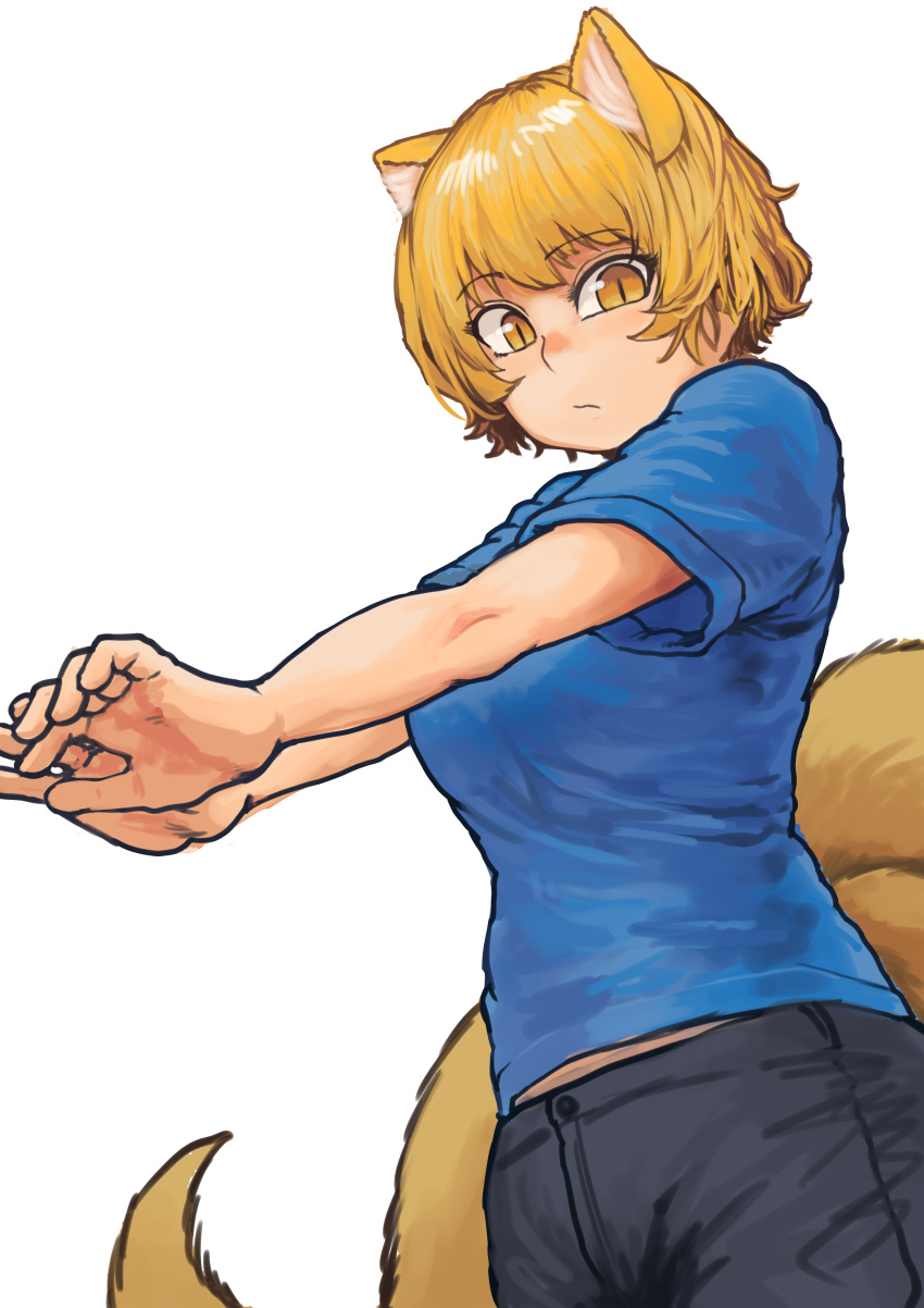 1girl absurdres alternate_costume animal_ears blonde_hair blue_shirt breasts casual chanta_(ayatakaoisii) expressionless fox_ears fox_tail from_below highres looking_at_viewer multiple_tails shirt short_hair simple_background slit_pupils solo stretch t-shirt tail touhou white_background yakumo_ran yellow_eyes