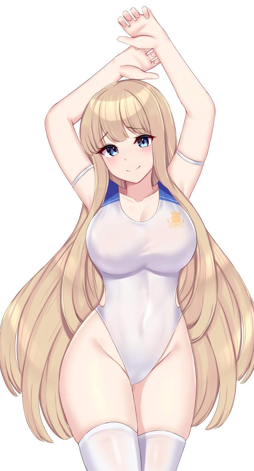 1girl absurdres arms_up azur_lane blonde_hair blue_eyes breasts competition_swimsuit cowboy_shot highleg highleg_swimsuit highres icarus_(azur_lane) icarus_(nereid's_discovery)_(azur_lane) kanta_(kanta_077) large_breasts looking_at_viewer one-piece_swimsuit simple_background solo swimsuit thigh-highs white_background white_legwear white_swimsuit