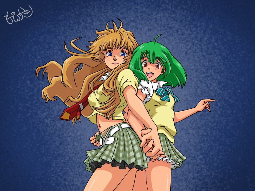 2girls bangs belt blue_background brown_hair clenched_hand eyebrows_behind_hair floating_hair green_hair highres lion_(macross_frontier) looking_at_viewer macross macross_frontier moechiki multiple_girls navel open_mouth plaid plaid_skirt ranka_lee red_eyes school_uniform sheryl_nome skirt smile