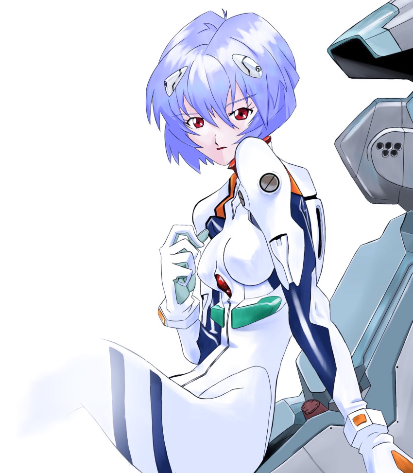 1girl ayanami_rei blue_hair bodysuit breasts cockpit derivative_work eyebrows_visible_through_hair hair_between_eyes highres interface_headset looking_at_viewer nemui_(nemuii0219) neon_genesis_evangelion open_mouth pilot_suit plugsuit red_eyes short_hair sitting skin_tight small_breasts solo white_background
