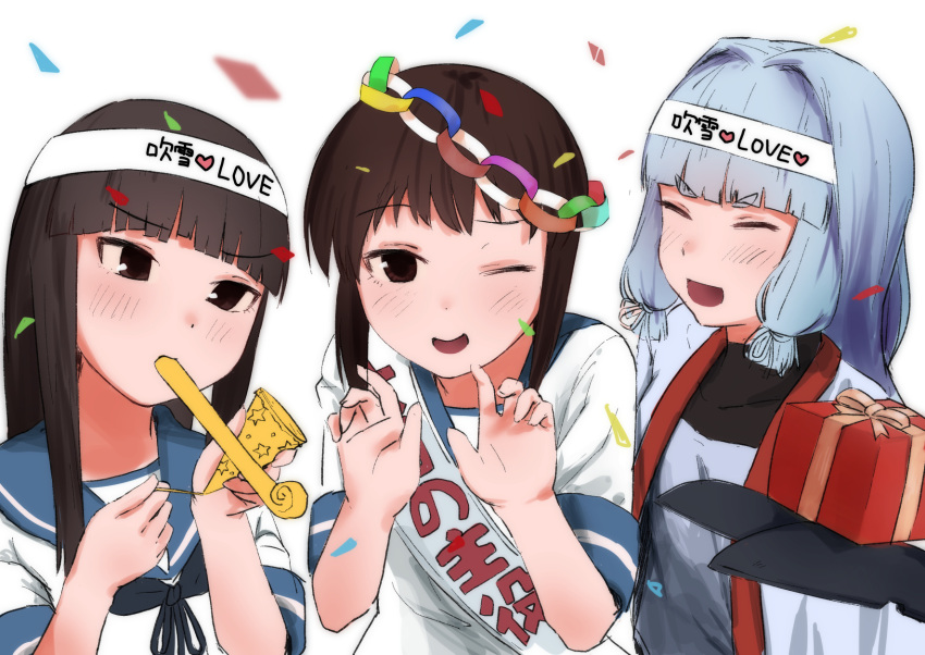 3girls bangs black_hair blue_sailor_collar blunt_bangs brown_eyes closed_eyes clothes_writing commentary_request confetti fubuki_(kantai_collection) gift hair_ribbon hat hatsuyuki_(kantai_collection) headgear highres hime_cut kantai_collection long_hair low_ponytail mouth_hold multiple_girls murakumo_(kantai_collection) party_hat party_horn party_popper ponytail ribbon sailor_collar sakieko school_uniform serafuku short_eyebrows short_ponytail sidelocks silver_hair simple_background thick_eyebrows translation_request tress_ribbon upper_body white_background