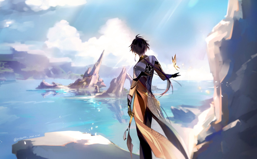 1boy ahoge arm_up black_gloves black_hair blue_sky bug butterfly cliff clouds commentary_request dated facing_away feet_out_of_frame genshin_impact gloves highres insect jewelry light_rays long_hair male_focus ocean ponytail rock rokuon scenery single_earring sky solo sunbeam sunlight twitter_username vision_(genshin_impact) zhongli_(genshin_impact)