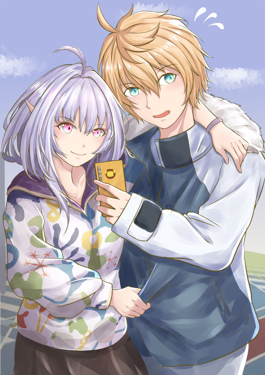 1boy 1girl absurdres aqua_eyes arthur_pendragon_(fate) black_skirt blonde_hair blue_sky blush cellphone clouds collarbone commentary_request fate/grand_order fate_(series) fur-trimmed_jacket fur_trim hair_between_eyes hair_ornament highres holding holding_phone jacket merlin_(fate/prototype) niaot phone short_hair silver_hair skirt sky smartphone smile sweatdrop violet_eyes wristband