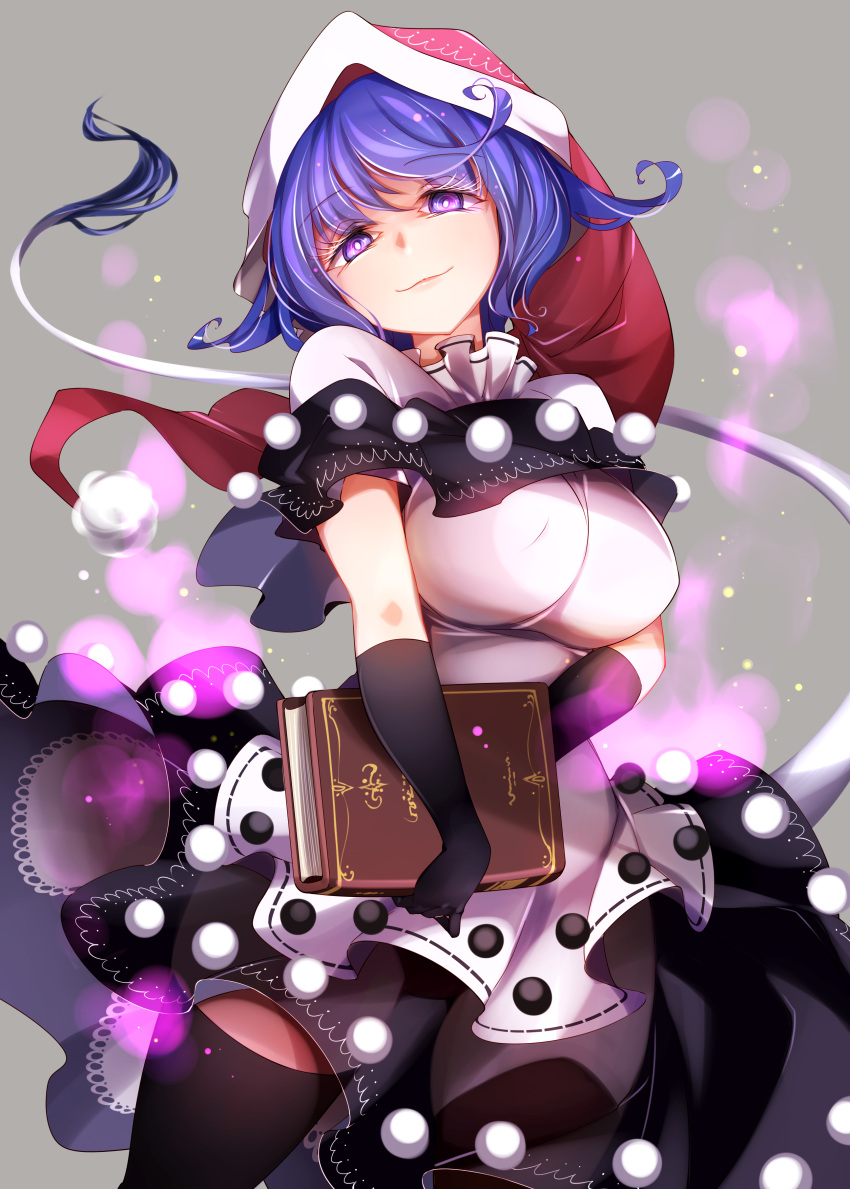 1girl absurdres bangs black_gloves black_legwear book breasts closed_mouth doremy_sweet dress eyebrows_visible_through_hair gloves grey_background hat highres holding holding_book large_breasts light_particles long_hair looking_at_viewer nightcap pom_pom_(clothes) purple_hair raptor7 red_headwear simple_background solo tail tapir_tail touhou violet_eyes white_dress