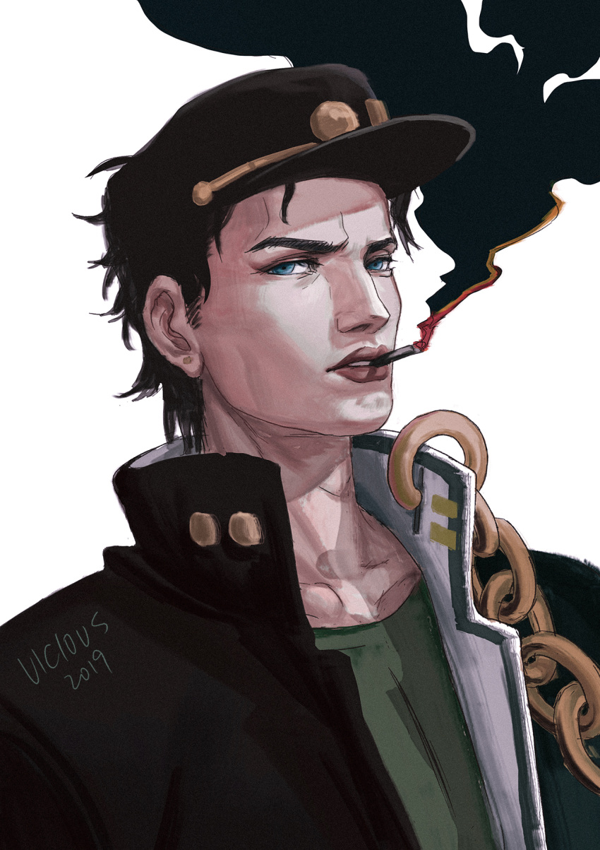 1boy artist_name black_hair black_headwear black_jacket blue_eyes chain cigarette dated highres jacket jojo_no_kimyou_na_bouken kuujou_joutarou looking_at_viewer male_focus mouth_hold simple_background smoking solo stardust_crusaders upper_body vicious-xuan white_background