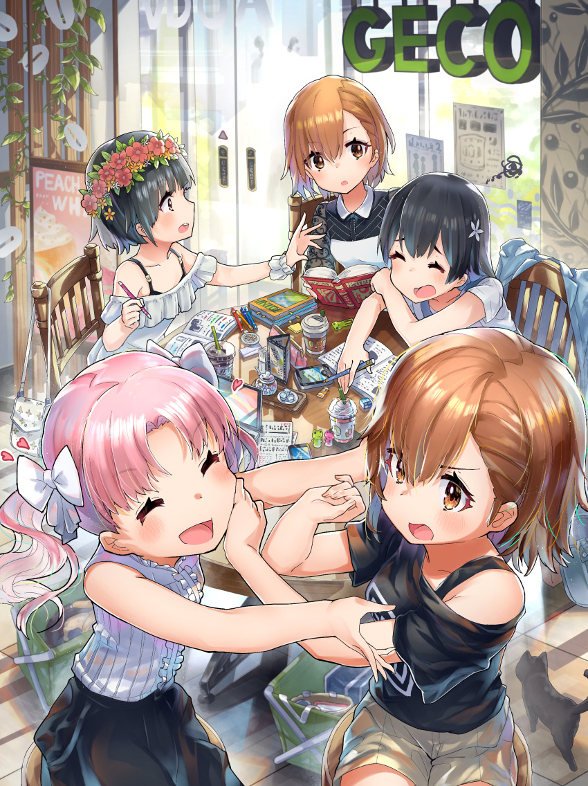 5girls :d ^_^ absurdres bag bangs bare_shoulders black_cat black_hair black_skirt book bow brown_eyes brown_hair cat chair closed_eyes commentary cup disposable_cup glass_door hair_between_eyes hair_bow hatsuga_(dmaigmai) head_wreath heart highres long_hair misaka_imouto misaka_mikoto multiple_girls open_book open_mouth pencil pink_hair saten_ruiko shirai_kuroko shirt short_hair short_sleeves shorts sitting skirt sleeveless sleeveless_shirt smile squiggle to_aru_kagaku_no_railgun to_aru_majutsu_no_index twintails uiharu_kazari white_bow white_shirt white_shorts