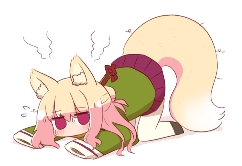 1girl all_fours alternate_hair_length alternate_hairstyle animal_ear_fluff animal_ears bangs black_footwear blonde_hair blush commentary_request eyebrows_visible_through_hair flying_sweatdrops fox_ears fox_girl fox_tail full_body green_shirt hair_between_eyes hair_bun hair_ornament highres hot kemomimi-chan_(naga_u) long_hair long_sleeves looking_at_viewer naga_u original pantyhose pleated_skirt purple_skirt shadow shirt skirt sleeves_past_fingers sleeves_past_wrists solo steam sweat tail white_background white_legwear