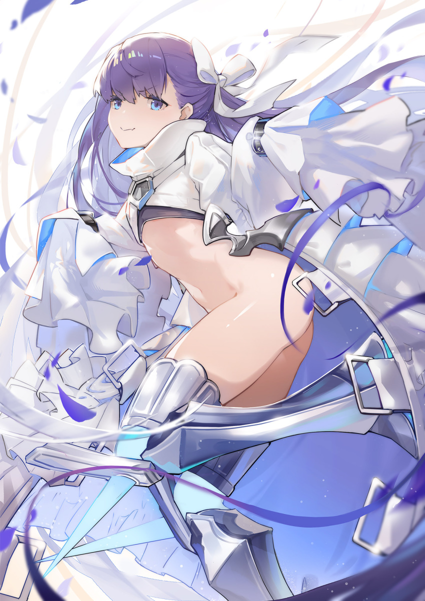 1girl armored_boots ass bangs blue_eyes blue_ribbon blush boots breasts cropped_jacket fate/extra fate/extra_ccc fate_(series) hair_ribbon highres jacket long_hair long_sleeves looking_at_viewer luoxiaofei meltryllis navel prosthesis prosthetic_leg purple_hair ribbon sleeves_past_fingers sleeves_past_wrists small_breasts smile very_long_hair white_jacket white_ribbon