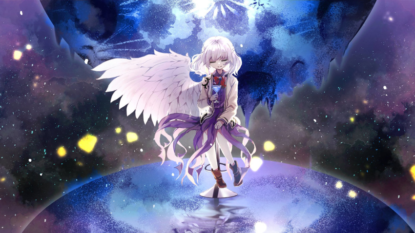 1girl angel_wings beige_jacket bow bowtie braid brooch brown_footwear closed_eyes cocktail_glass commentary_request cup dress drink drinking_glass eyebrows_visible_through_hair full_body highres holding holding_cup ishikawa_sparerib jewelry kishin_sagume light_particles medium_hair purple_dress red_bow silver_hair single_wing sitting smile solo star_(sky) stool touhou wallpaper wings