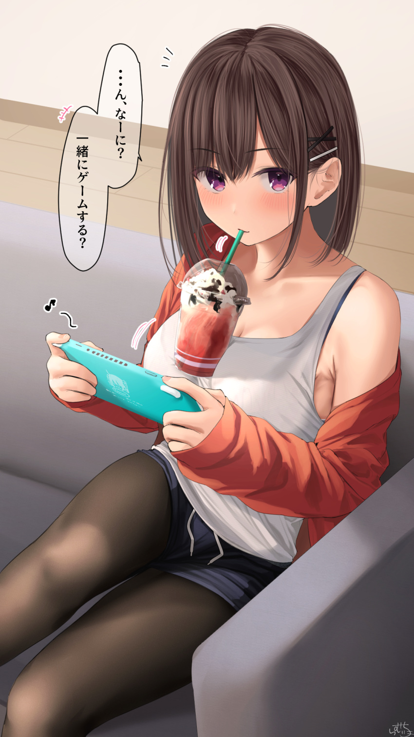1girl black_legwear blue_shorts breasts brown_hair cup disposable_cup drinking_straw highres large_breasts long_sleeves object_on_breast open_clothes open_shirt orange_shirt original pantyhose ramchi shirt short_shorts shorts sitting sleeveless sleeveless_shirt solo speech_bubble translated violet_eyes white_shirt