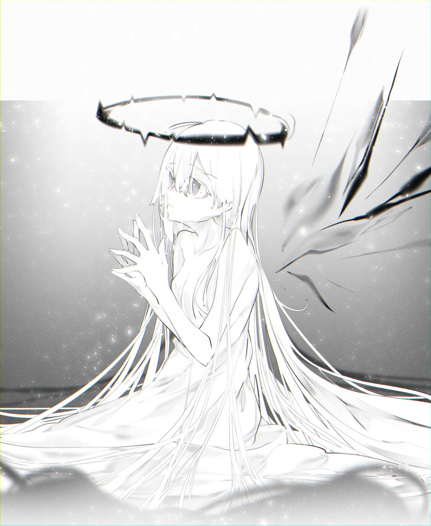 1girl absurdly_long_hair absurdres bare_shoulders blurry blurry_foreground collarbone detached_wings dress eyebrows_visible_through_hair fingernails greyscale hair_between_eyes halo highres huge_filesize long_hair maimuro monochrome original sitting sparkle very_long_hair white_theme wings