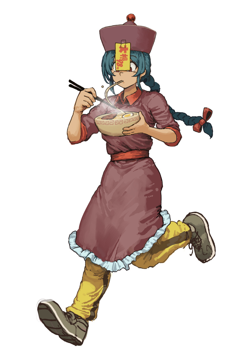 1girl absurdres blue_hair bow bowl braid chanta_(ayatakaoisii) chopsticks dress eating food full_body grey_footwear hair_bow highres holding holding_bowl holding_chopsticks jiangshi long_hair long_sleeves noodles ofuda_on_clothes original pants pants_under_dress ramen red_bow red_dress red_eyes red_sash running sash shoes simple_background single_braid solo standing white_background yellow_pants