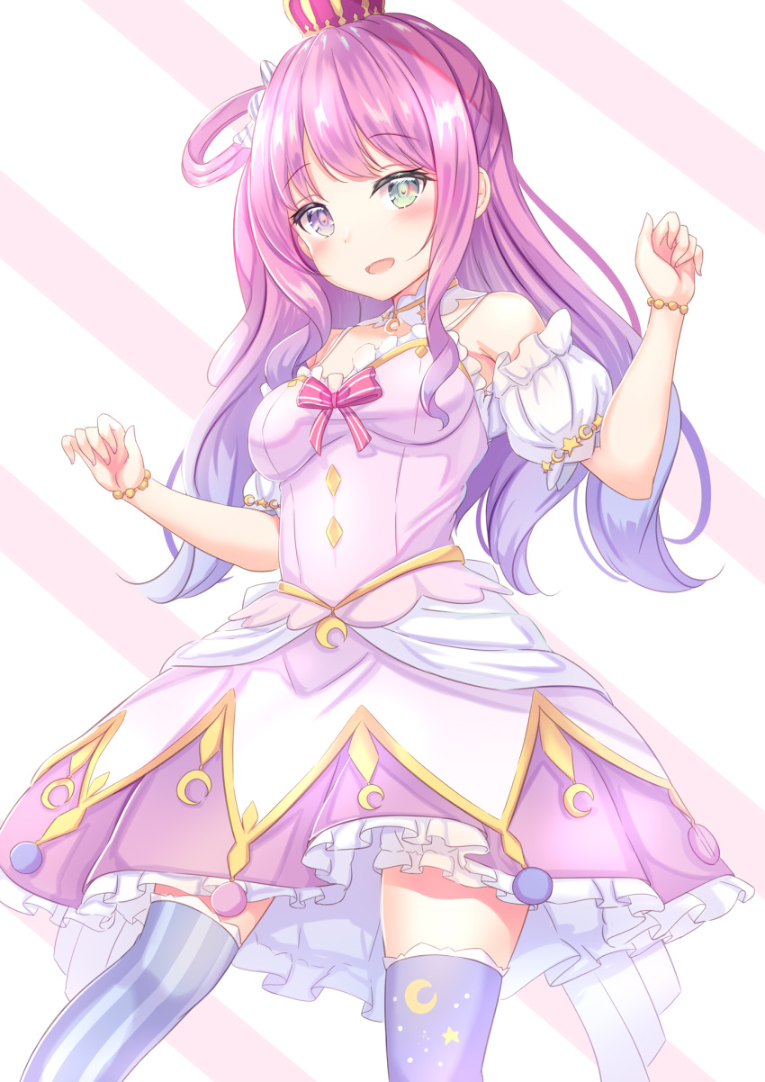 1girl :d arms_up bangs blush bracelet breasts candy_hair_ornament crown detached_sleeves dress eyebrows_visible_through_hair food_themed_hair_ornament gradient_hair green_eyes hair_ornament hair_rings heterochromia highres himemori_luna hololive jewelry long_hair looking_at_viewer multicolored_hair open_mouth pink_hair purple_hair purple_legwear short_sleeves sidelocks simple_background smile solo space_print standing starry_sky_print striped striped_background striped_legwear thigh-highs two-tone_hair violet_eyes virtual_youtuber yuano