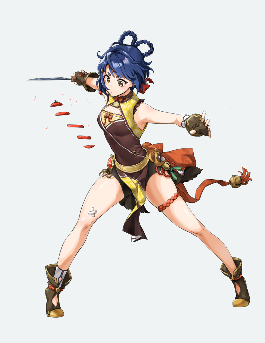 1girl bare_shoulders blue_hair blush braid breasts china_dress chinese_clothes cutting dress dulldull fingerless_gloves genshin_impact gloves grey_background hair_ornament hairclip highres short_hair simple_background sleeveless sleeveless_dress small_breasts solo tagme weapon xiangling_(genshin_impact) yellow_eyes