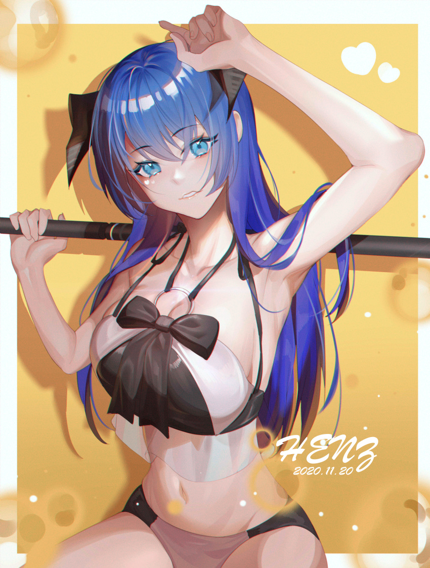 1girl absurdres arknights arm_up armpits bangs bare_arms bare_shoulders blue_eyes blue_hair breasts commentary_request dated drop_shadow eyebrows_visible_through_hair hand_up henz highres horns huge_filesize large_breasts long_hair looking_at_viewer mostima_(arknights) navel o-ring parted_lips partial_commentary solo stomach