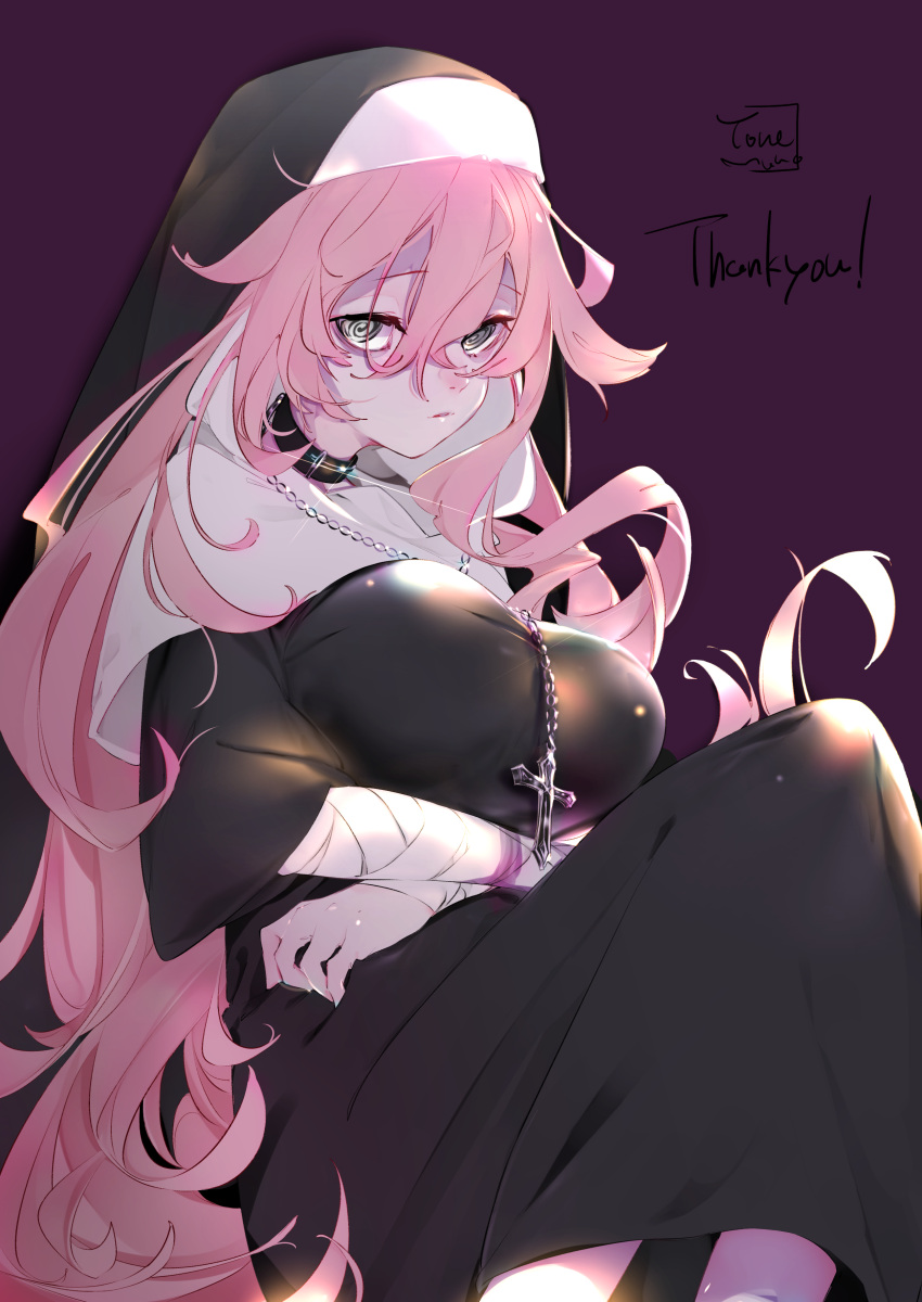 1girl @_@ absurdres bandaged_arm bandages black_choker choker commission cross glint grey_eyes hair_between_eyes highres long_hair maimuro nun original parted_lips pink-haired_nun_(skeb) pink_hair purple_background signature simple_background skeb_commission thank_you