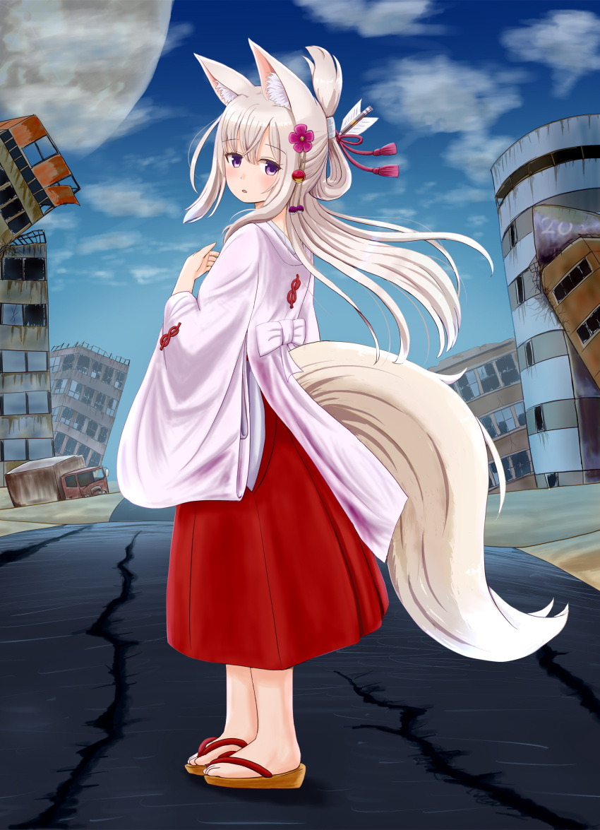 1girl absurdres animal_ear_fluff animal_ears bangs blue_sky brown_footwear building commentary_request crack day eyebrows_visible_through_hair flower folded_ponytail fox_ears fox_girl fox_tail full_body full_moon hair_between_eyes hair_flower hair_ornament hakama highres iroha_(iroha_matsurika) japanese_clothes kimono long_hair long_sleeves looking_at_viewer looking_to_the_side miko monochrome moon original parted_lips pink_hair purple_flower red_hakama ruins silver_hair sky solo standing tail very_long_hair violet_eyes white_kimono wide_sleeves zouri
