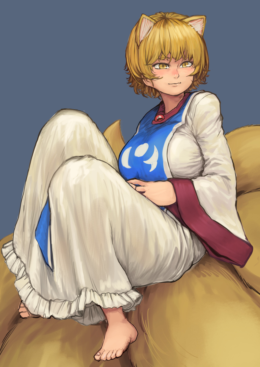 1girl absurdres animal_ears arms_under_breasts barefoot blonde_hair blue_background breasts chanta_(ayatakaoisii) dress fox_ears fox_tail from_side full_body hands_together highres looking_to_the_side multiple_tails short_hair simple_background sitting_on_tail slit_pupils solo tail touhou wide_sleeves yakumo_ran yellow_eyes