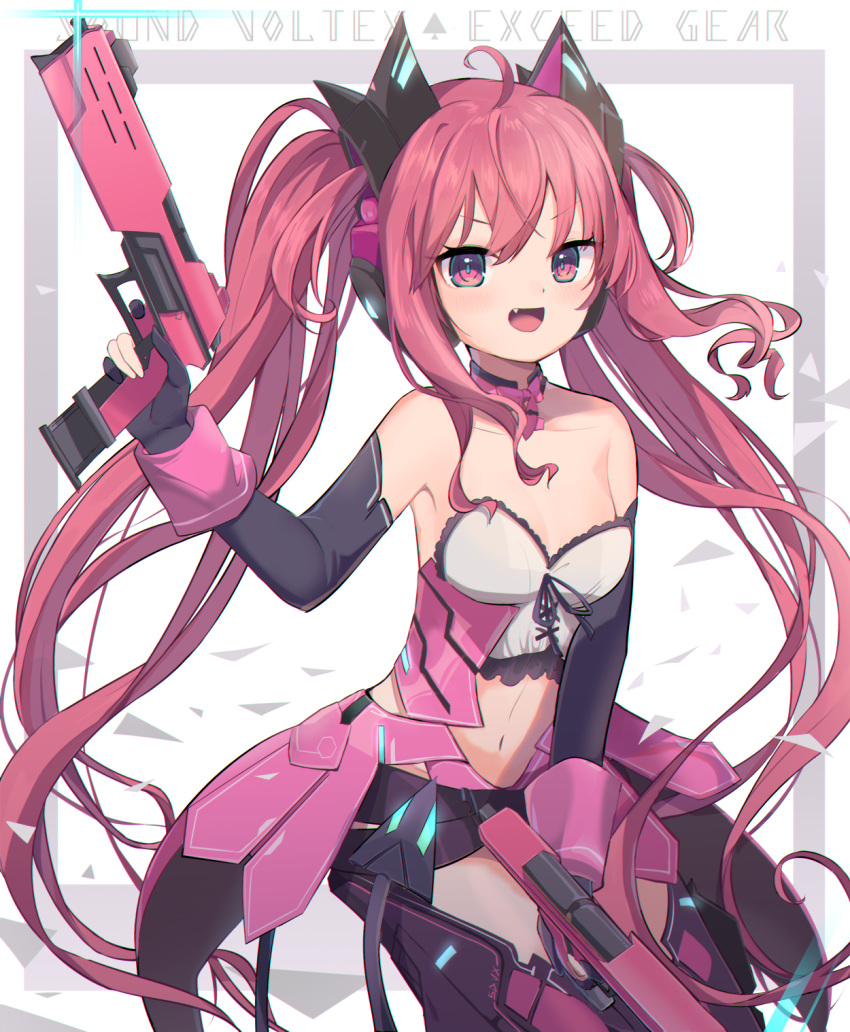 1girl ahoge bangs bare_shoulders breasts choker elbow_gloves eyebrows_visible_through_hair fang gloves goma_(u_p) grace_(sound_voltex) gun hair_between_eyes handgun headphones highres holding holding_gun holding_weapon long_hair looking_at_viewer midriff multicolored multicolored_eyes navel open_mouth pink_eyes pink_hair pistol small_breasts smile solo sound_voltex tagme twintails weapon white_background