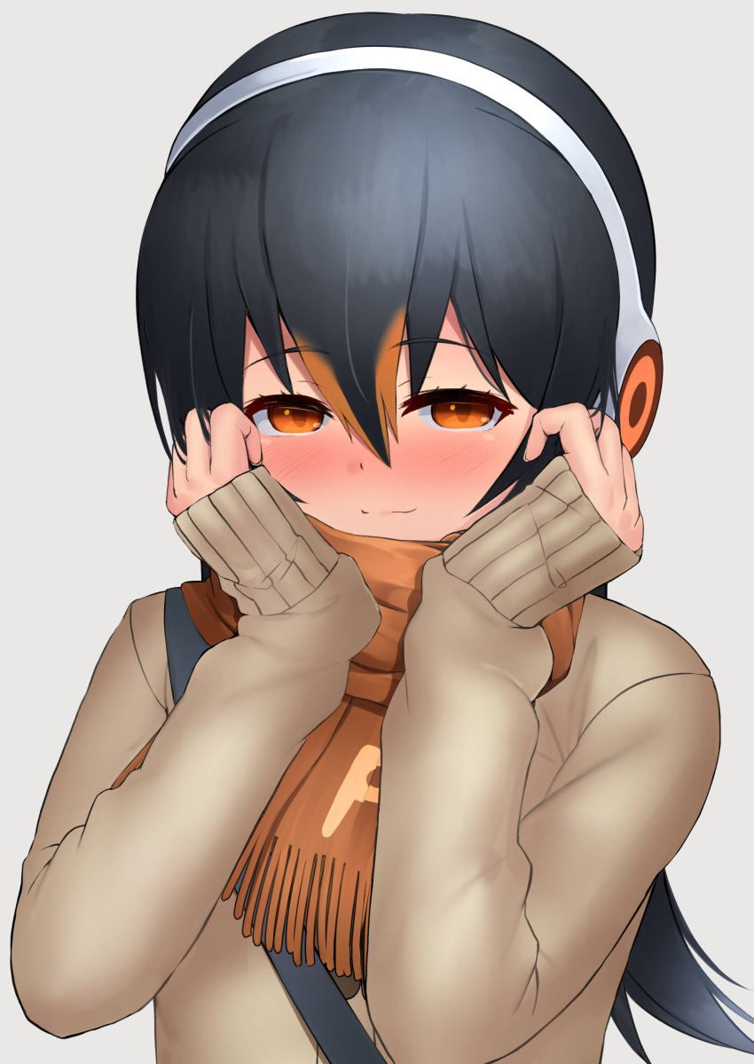 1girl absurdres alternate_costume bangs beige_sweater black_hair blush commentary deku_suke eyebrows_visible_through_hair gentoo_penguin_(kemono_friends) grey_background hair_between_eyes hairband hands_on_own_face highres kemono_friends long_hair long_sleeves looking_at_viewer multicolored_hair orange_eyes orange_hair orange_scarf scarf simple_background sleeves_past_wrists smile solo two-tone_hair upper_body white_hairband