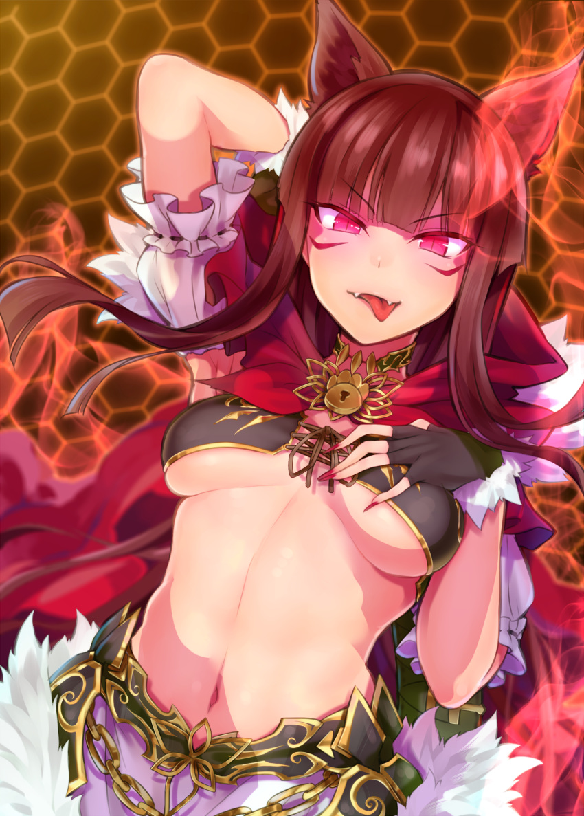 1girl amo_takumi animal_ears arm_behind_head breasts brown_hair capelet fangs fingerless_gloves fingernails frills fur_trim gloves glowing glowing_eyes hexagon highres kureha_(666)_(sound_voltex) kureha_(sound_voltex) long_hair looking_at_viewer medium_breasts midriff navel pink_eyes solo sound_voltex tagme tongue tongue_out under_boob wolf_ears