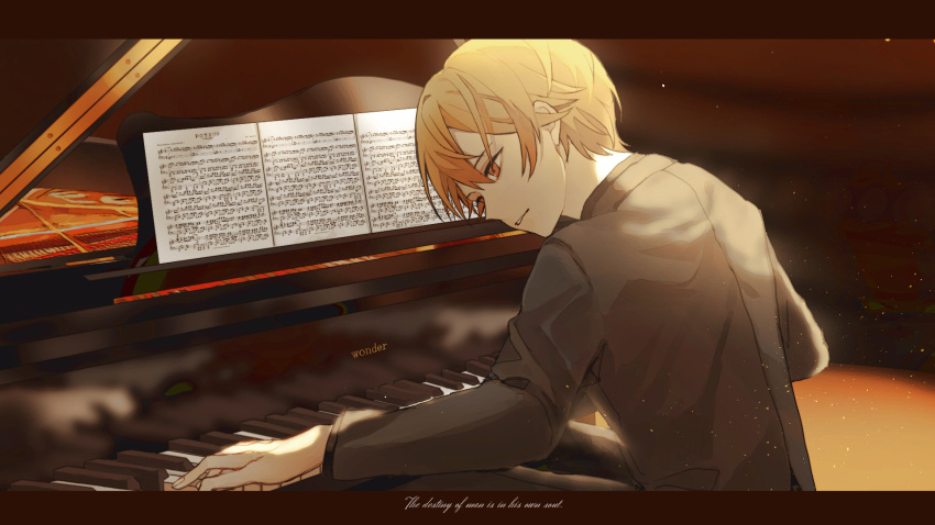 1boy bangs black_jacket black_pants blonde_hair blurry blurry_background dust_particles formal hayama highres instrument jacket long_sleeves looking_down male_focus orange_eyes pants parted_lips piano piano_keys project_sekai sheet_music short_hair sitting solo stage suit tenma_tsukasa