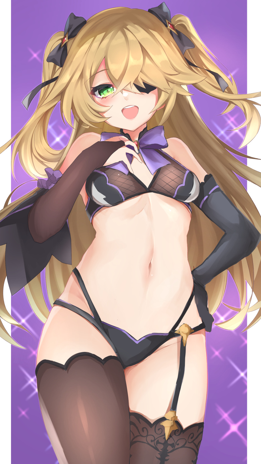 1girl absurdres bangs bikini black_bikini black_gloves black_legwear blonde_hair blush breasts bridal_gauntlets detached_sleeves elbow_gloves eyepatch fischl_(genshin_impact) genshin_impact gloves green_eyes hair_over_one_eye highres long_hair looking_at_viewer mizuno_tera navel open_mouth purple_background single_elbow_glove single_glove small_breasts smile solo sparkle swimsuit thigh-highs thighs two_side_up