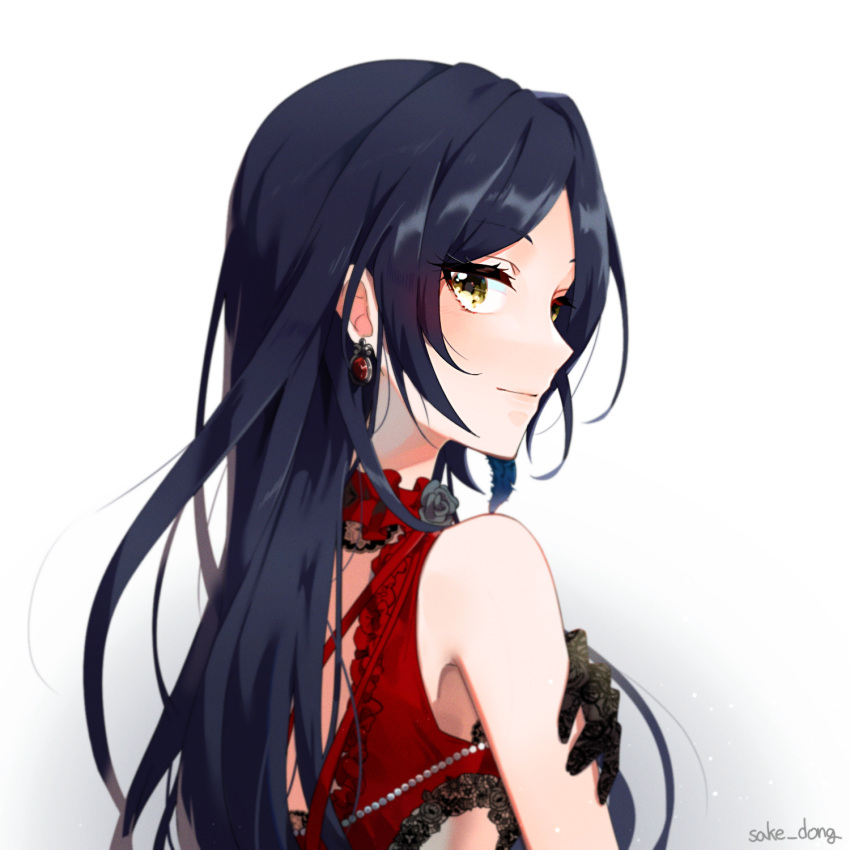 1girl alternate_hair_length alternate_hairstyle artist_name bangs bare_shoulders black_flower black_gloves black_hair black_rose blush closed_mouth commentary earrings eyebrows_visible_through_hair flower from_side gloves gradient gradient_background hand_on_own_arm hayami_kanade highres idolmaster idolmaster_cinderella_girls jewelry lace_trim long_hair looking_at_viewer looking_to_the_side parted_bangs portrait rose sake_dong sleeveless solo white_background yellow_eyes