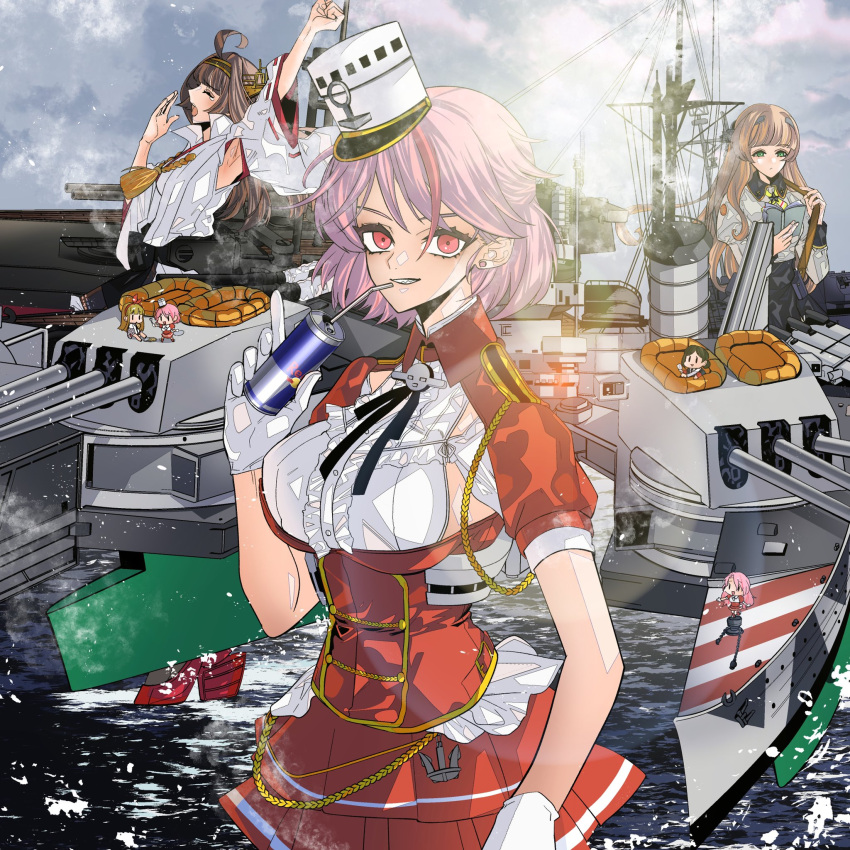 6+girls ahoge anno88888 armpits bangs book brown_hair can closed_mouth clouds day detached_sleeves drinking_straw ear_piercing energy_drink fairy_(kantai_collection) giuseppe_garibaldi_(kantai_collection) gloves grin hat headgear helena_(kantai_collection) highres holding holding_book holding_can japanese_clothes kantai_collection kongou_(kantai_collection) long_hair long_sleeves morning multicolored_hair multiple_girls nontraditional_miko open_mouth outdoors piercing pink_hair red_bull red_eyes red_shirt redhead rigging shirt short_hair short_sleeves skirt sky smile streaked_hair stretch tassel tilted_headwear water white_gloves white_headwear yawning