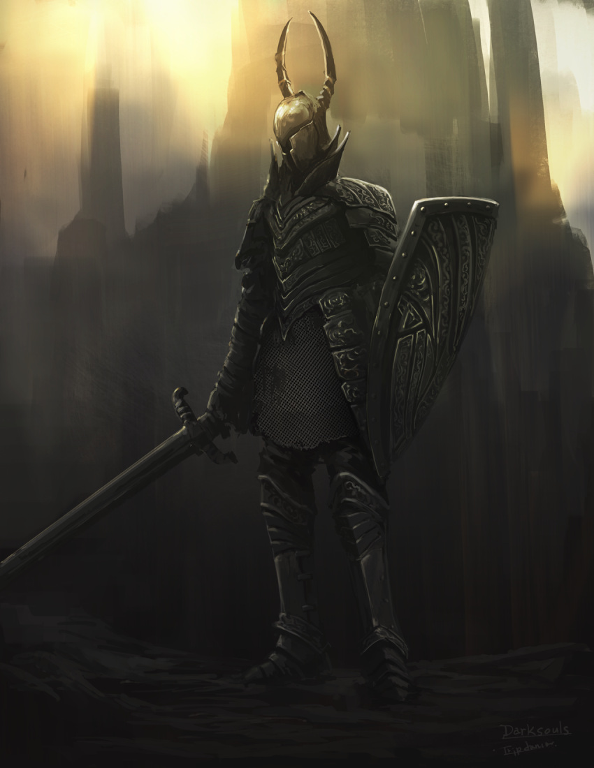 1other ambiguous_gender armor black_knight_(dark_souls) commentary copyright_name dark_souls full_armor greaves helm helmet highres holding holding_shield holding_sword holding_weapon horned_helmet pauldrons shield shoulder_armor souls_(from_software) standing sword tripdancer weapon