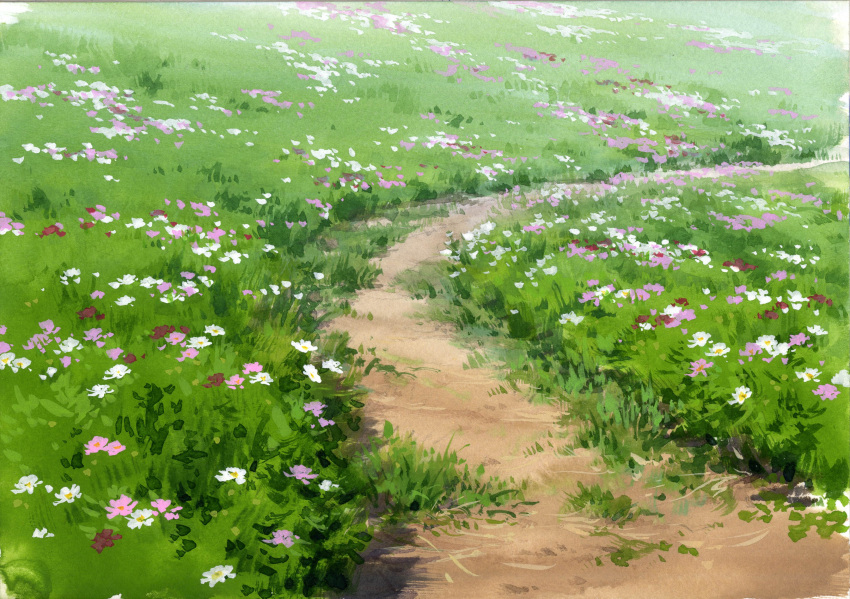absurdres commentary_request day grass highres landscape masuyama_osamu meadow nature no_humans original outdoors path plant scenery sky
