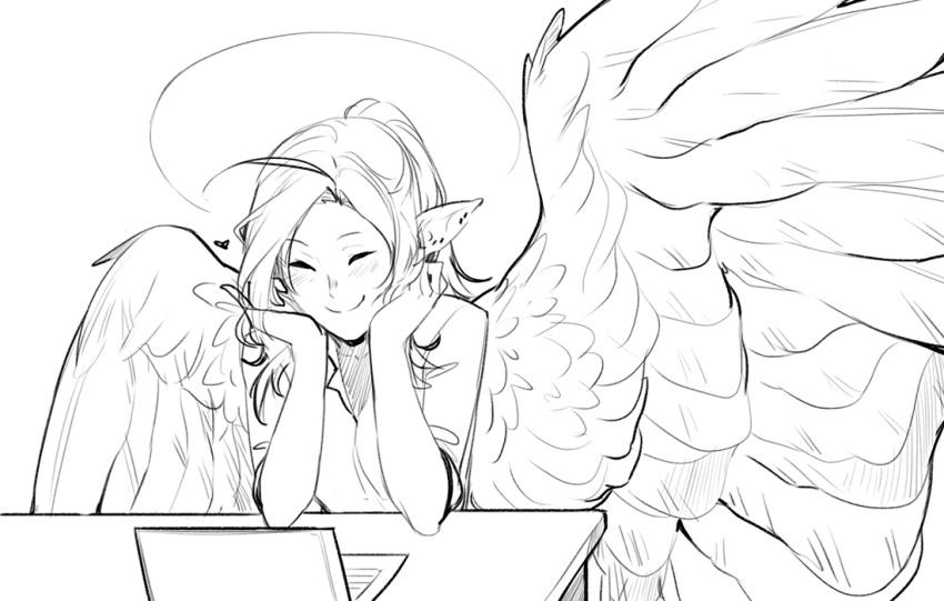 1girl ^_^ ahoge closed_eyes elbow_rest greyscale haohi_(less) happy heart large_wings less monochrome notebook original pointy_ears sketch smile solo table wings