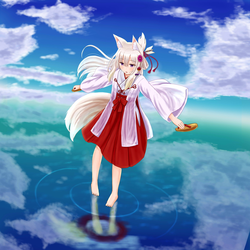 1girl absurdres animal_ears bangs barefoot blue_sky blush brown_footwear clouds commentary_request day eyebrows_visible_through_hair flower folded_ponytail fox_ears fox_girl fox_tail hair_between_eyes hair_flower hair_ornament hakama highres holding holding_clothes holding_footwear iroha_(iroha_matsurika) japanese_clothes kimono long_hair long_sleeves looking_away looking_down miko original outdoors parted_lips purple_flower red_hakama reflection ripples silver_hair sky solo standing tail very_long_hair violet_eyes water white_kimono wide_sleeves zouri